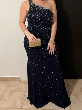 Jovani Navy Blue One-Shoulder Evening Gown with Crystal Accents